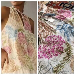 NWT Anthropologie high neck floral tank pink blue linen flowing tie S